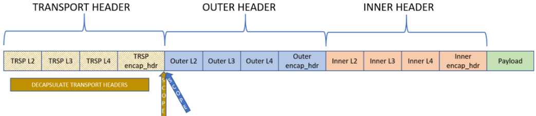 In no-op mode, neither scope shifts to inner header nor outer header is decapsulated. Only packet classification is done. In no-op mode, neither scope shifts to inner header nor outer header is decapsulated. Only packet classification is done.